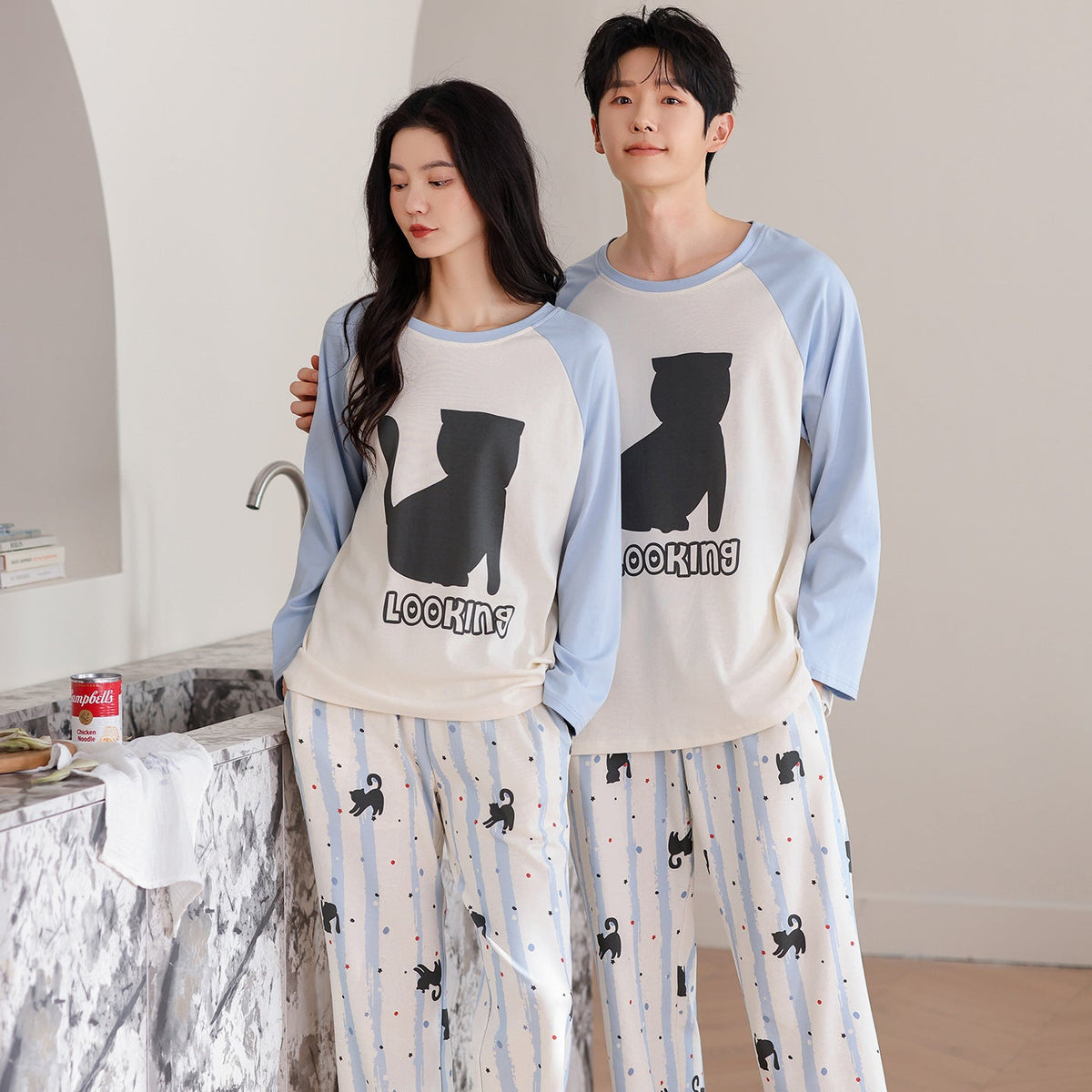 Cozy Cat-Lover Couple Pajamas â€?Cotton Cat Print Lounge Set by Gullei