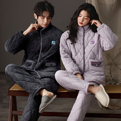 3-Layer Quilted Couple Pajama Set â€?Coral Fleece & Cotton Padded Warmth