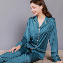 Elegant Solid Satin Long-Sleeve Couple Pajamas