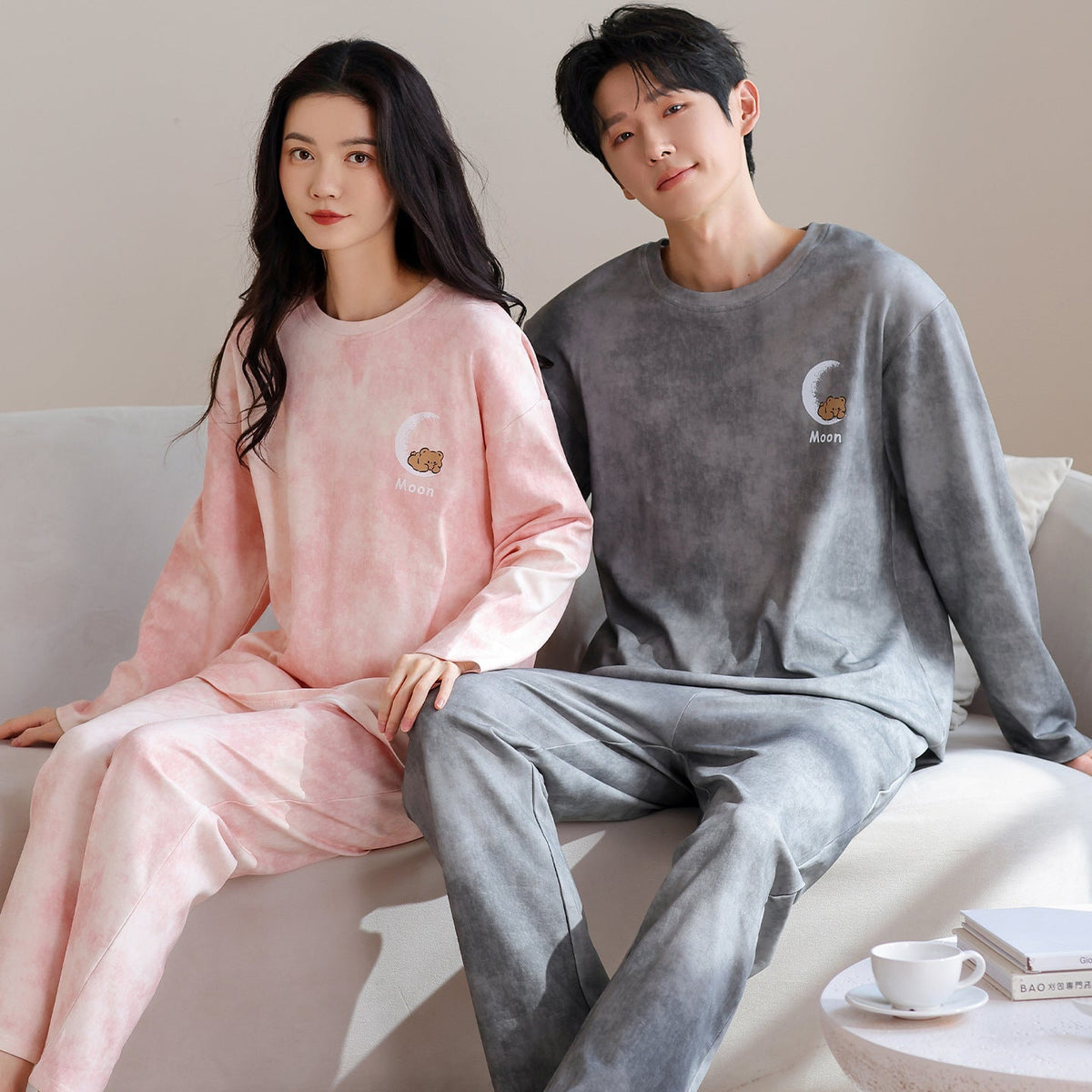 Soft Dreamy Couple Pajamas â€?Cotton Moon & Bear Print Lounge Set by Gullei