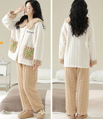 Women Pajamas Set â€?Plush Ribbon Applique Coral Fleece Pajamas