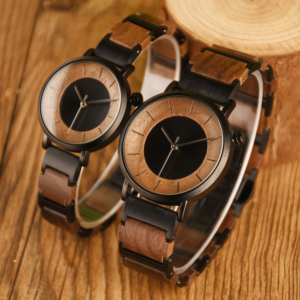 Matching Wooden Couples Watch Gift Set - Custom Engraved, Natural Wood & Stainless Steel