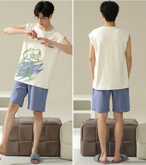 Playful Dinosaur Couple Pajamas â€?Cotton Sleeveless Top & Shorts Set by Gullei