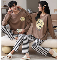 Playful Smiley Graphic Striped Couple Pajamas
