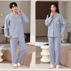 Blue Gingham Soft Viscose Couple Pajamas