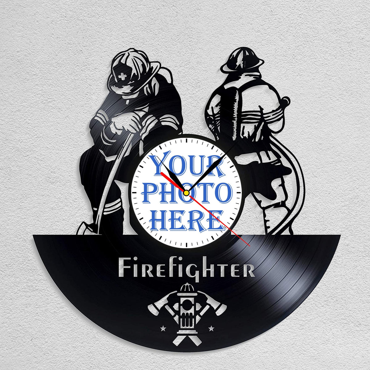 Personalized Firefighter LP Record Wall Clock â€?Custom Photo & Name, Silent Quartz