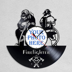 Personalized Firefighter LP Record Wall Clock â€?Custom Photo & Name, Silent Quartz