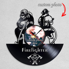 Personalized Firefighter LP Record Wall Clock â€?Custom Photo & Name, Silent Quartz