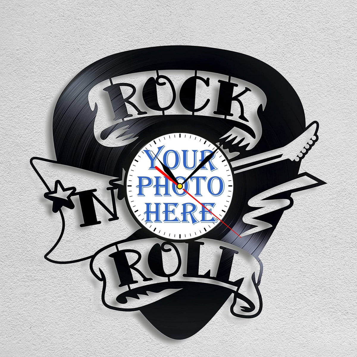 Personalized "Rock and Roll" LP Record Wall Clock â€?Custom Photo & Name, Silent Quartz