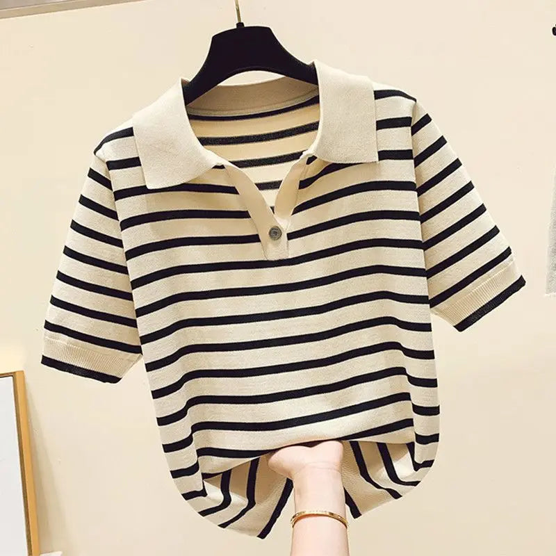 Polo-neck Striped Short Sleeve T-shirts