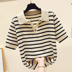 Polo-neck Striped Short Sleeve T-shirts