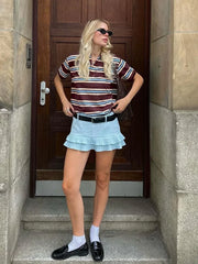 Burgundy Striped Casual Women T-shirt
