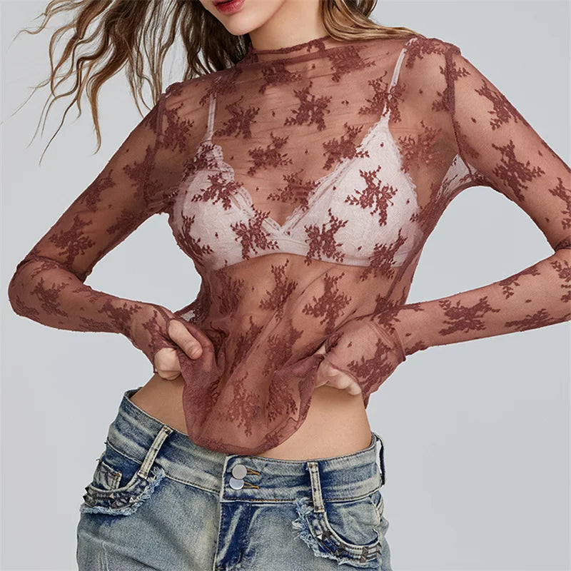 Maglia in Pizzo Trasparente Donna â€?Top Elasticizzato a Manica Lunga mesh