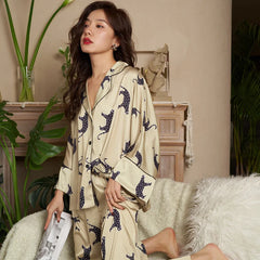 Leopard Print Bat Sleeve Ice Silk Women's Pajamas