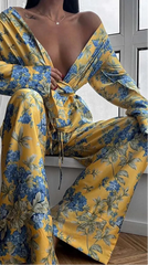 Yellow Print Womens 2 Piece Outfit Set Casual Satin Long Sleeve Lace-Up Shirts