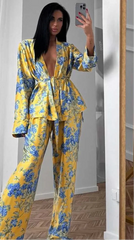 Yellow Print Womens 2 Piece Outfit Set Casual Satin Long Sleeve Lace-Up Shirts