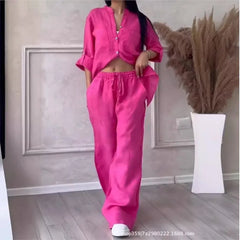 Long Sleeved Button Up Shirt Fashionable Drawstring Pants 2-piece Set