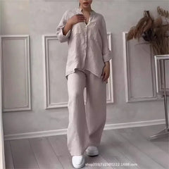 Long Sleeved Button Up Shirt Fashionable Drawstring Pants 2-piece Set