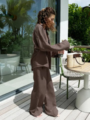 Casual Brown Cotton Linen Shirt Pants Suit