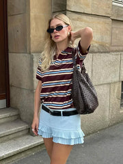 Burgundy Striped Casual Women T-shirt