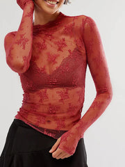 Maglia in Pizzo Trasparente Donna â€?Top Elasticizzato a Manica Lunga mesh