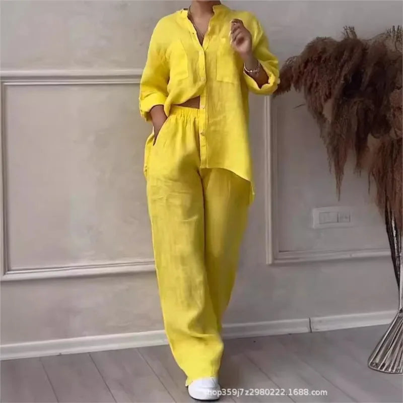 Long Sleeved Button Up Shirt Fashionable Drawstring Pants 2-piece Set