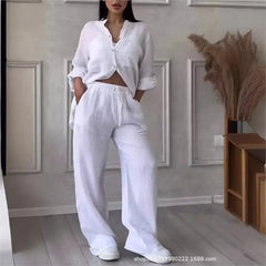 Long Sleeved Button Up Shirt Fashionable Drawstring Pants 2-piece Set