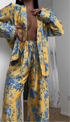 Yellow Print Womens 2 Piece Outfit Set Casual Satin Long Sleeve Lace-Up Shirts