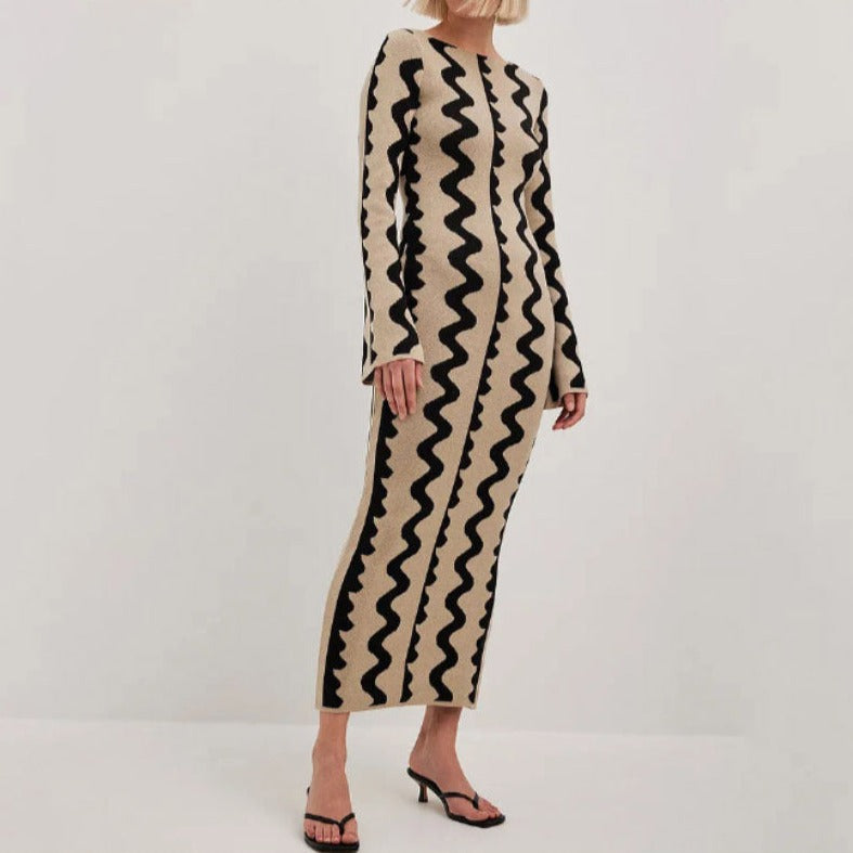 Knitted Flare Long Sleeve Maxi Dress