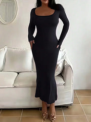 Long Dress Aderente Minimalista â€?Maniche Lunghe, Stile Casual Chic