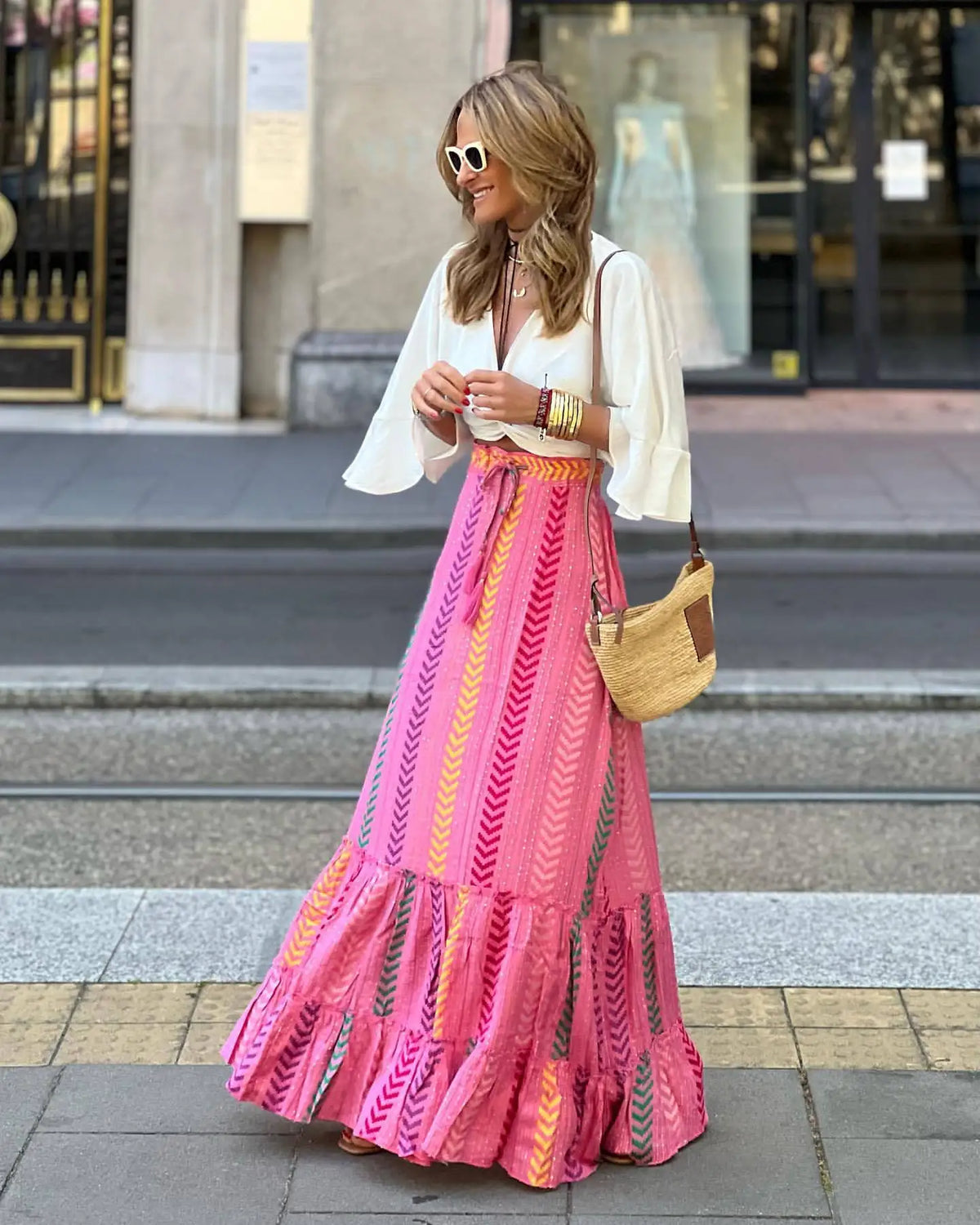 Skirt Beach Holiday Print Lace-up Skirt Casual Long Skirt