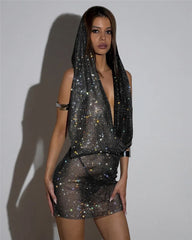 Y2K abito scollato super strass con cappuccio