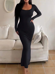 Long Dress Aderente Minimalista â€?Maniche Lunghe, Stile Casual Chic