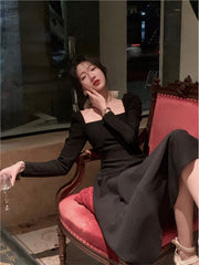 Elegant Square Collar Midi Party Dress