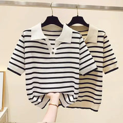 Polo-neck Striped Short Sleeve T-shirts