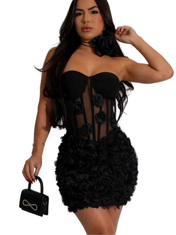 3D Flower See Through Strapless White Mini Dresses