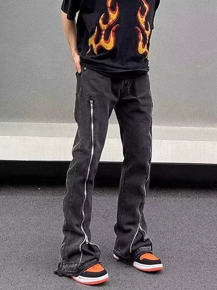 Streetwear Design con cerniera Lavato Nero Slim Jeans Pantaloni per uomo