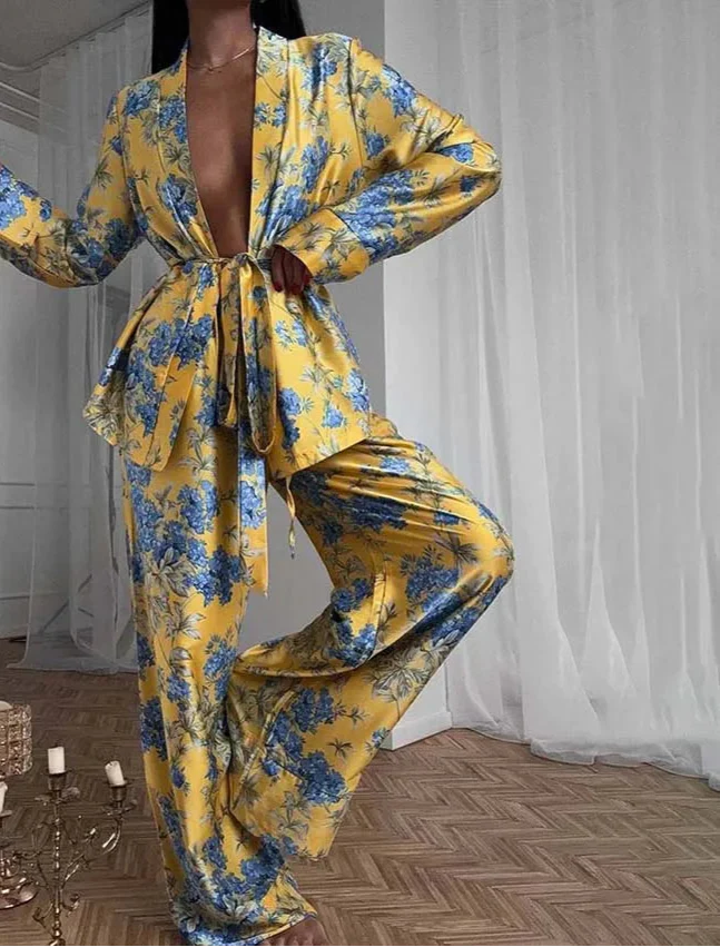 Yellow Print Womens 2 Piece Outfit Set Casual Satin Long Sleeve Lace-Up Shirts