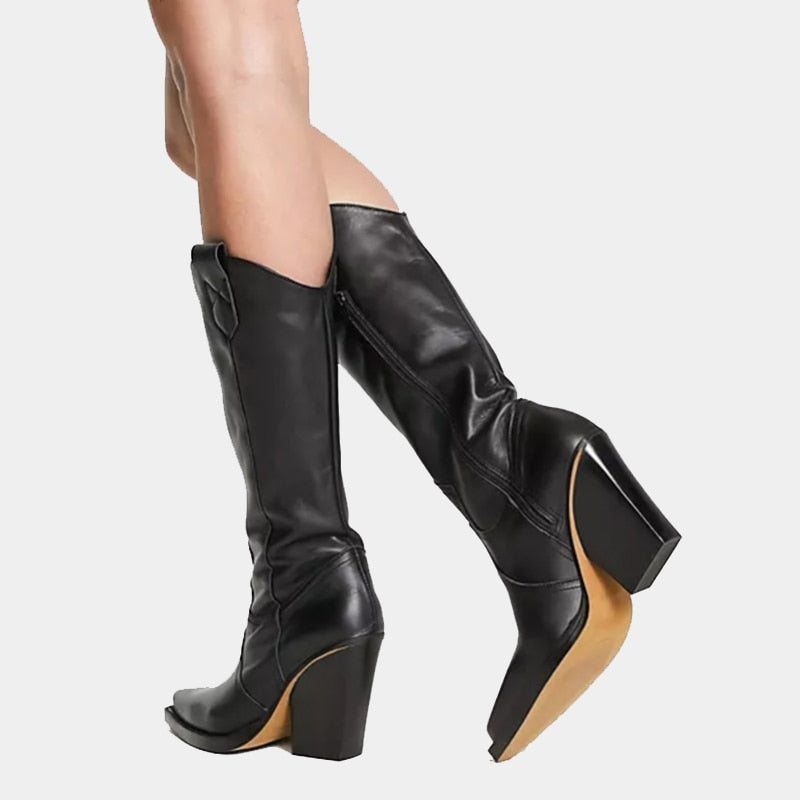 Mid Calf Boots Western Cowboy Real Leather