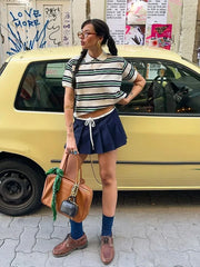 Burgundy Striped Casual Women T-shirt