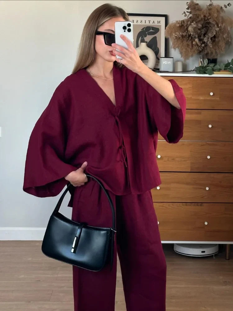 Casual Brown Cotton Linen Shirt Pants Suit