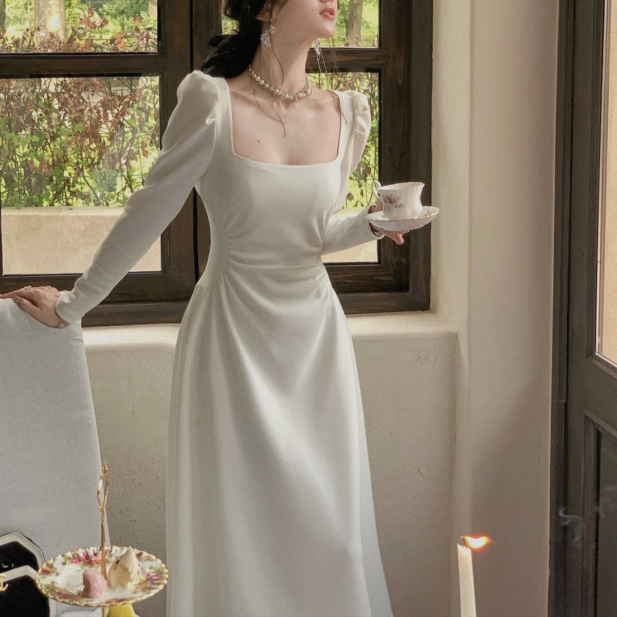 Elegant Square Collar Midi Party Dress