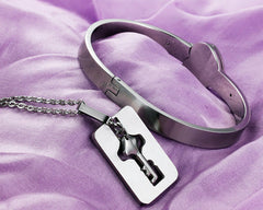 Engraved Lock and Key Bracelet Pendant Necklace Set for Couples