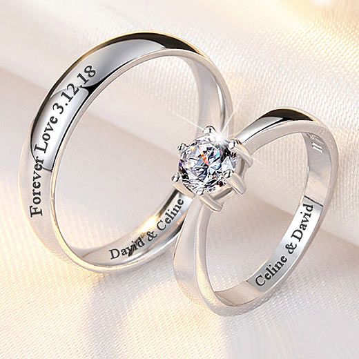 Engraved Minimalist Couples Promise Rings - Sterling Silver