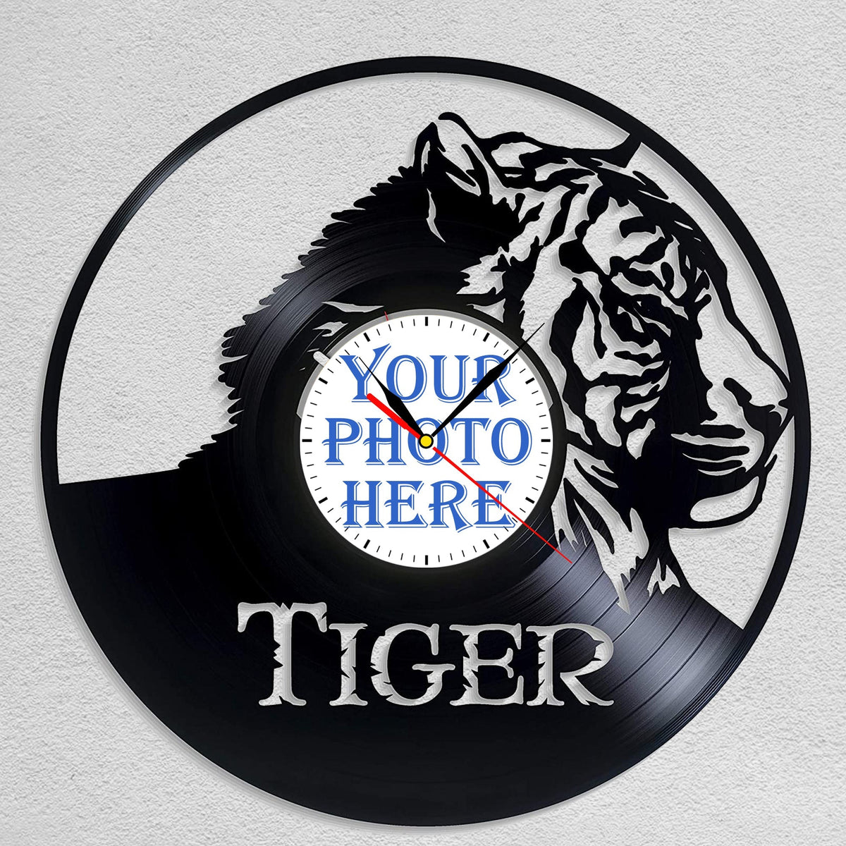 Personalized Tiger LP Record Wall Clock â€?Custom Photo & Name, Silent Quartz