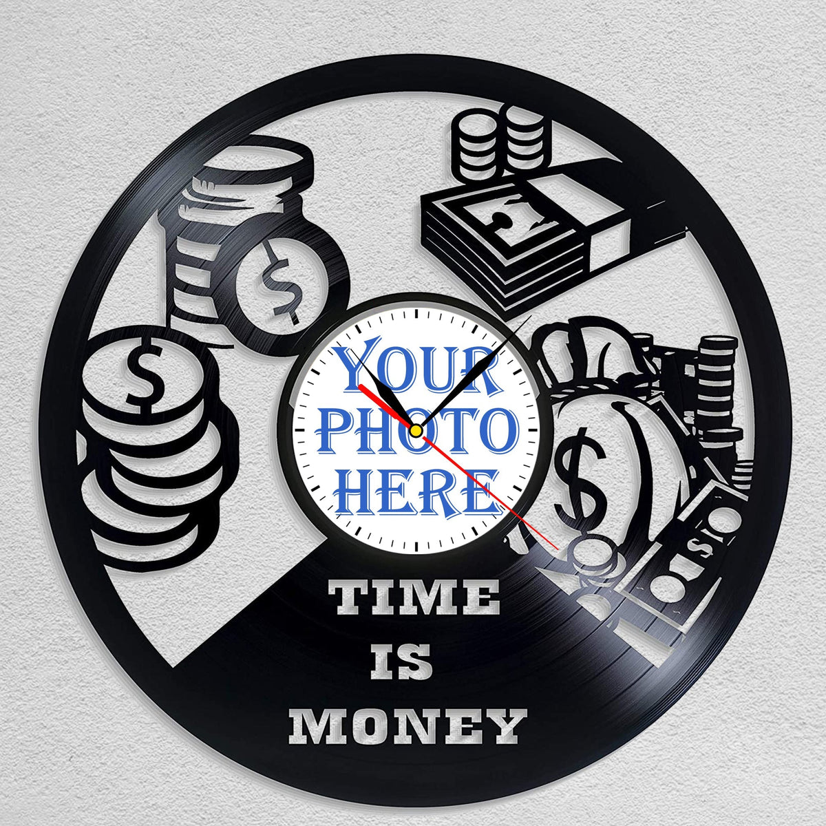 Personalized "Time is Money" LP Record Wall Clock â€?Custom Photo & Motivational Design