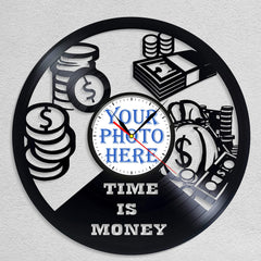 Personalized "Time is Money" LP Record Wall Clock â€?Custom Photo & Motivational Design