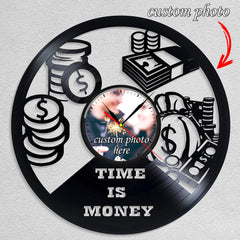 Personalized "Time is Money" LP Record Wall Clock â€?Custom Photo & Motivational Design