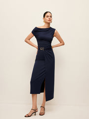 Asymmetrical Neck Metal Waist-Belt Dress