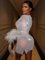 TARUXY Weave Shiny Rhinestone Mini Dress Women Fashion Sexy See Through Cover-up Dresses Casual Loose Club Luxury Dress Ladies